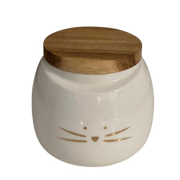 Set of 2 Ceramic Cat Treat Jars Bamboo Lids White Gold Whiskers Pet Canisters - Picture 7 of 13